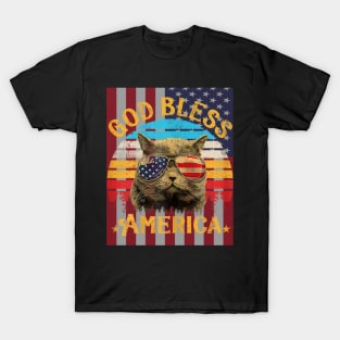 God Bless America Cat 4th Of July American Flag T-Shirt